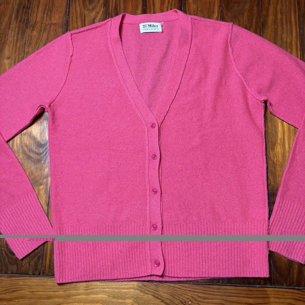 27 Miles 100% Cashmere Bright Hot Barbie Pink Cardigan Sweater Sz S A1333